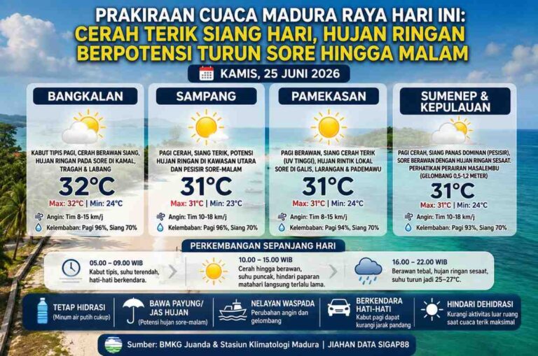 Prakiraan Cuaca Madura Raya Hari Ini: Cerah Terik Siang Hari, Hujan Ringan Berpotensi Turun Sore Hingga Malam