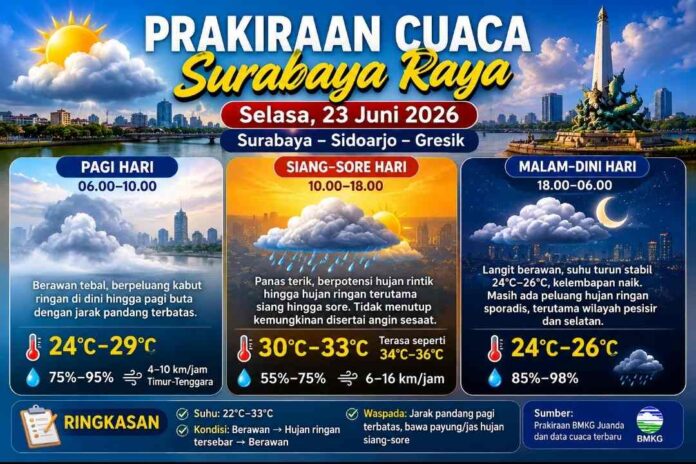 ilustrasi Prakiraan Cuaca Surabaya raya Prakiraan cuaca Surabaya, Sidoarjo, dan Gresik pada Selasa 23 Juni 2026 berawan dan berpotensi hujan ringan.