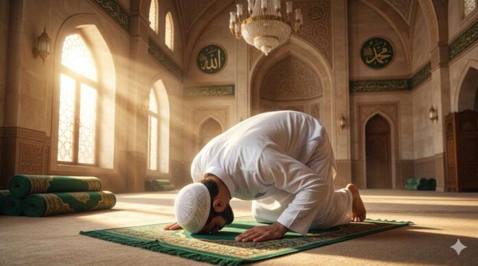 khutbah-jumat-tak-salat-tapi-ingin-surga Ilustrasi jamaah Muslim sedang menunaikan salat di masjid sebagai pengingat pentingnya menjaga salat lima waktu dalam Islam.