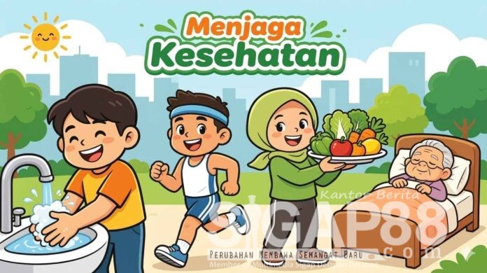 Ilustrasi kartun edukasi menjaga kesehatan yang menampilkan aktivitas mencuci tangan, berolahraga lari, membawa sayur dan buah, serta istirahat tidur yang cukup.
