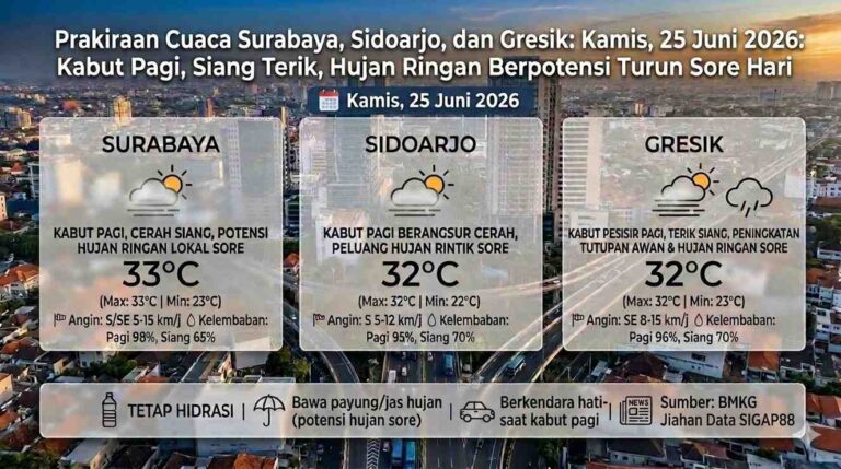Prakiraan Cuaca Surabaya, Sidoarjo, Dan Gresik Hari Ini: Kabut Pagi, Siang Terik, Hujan Ringan Berpotensi Turun Sore Hari