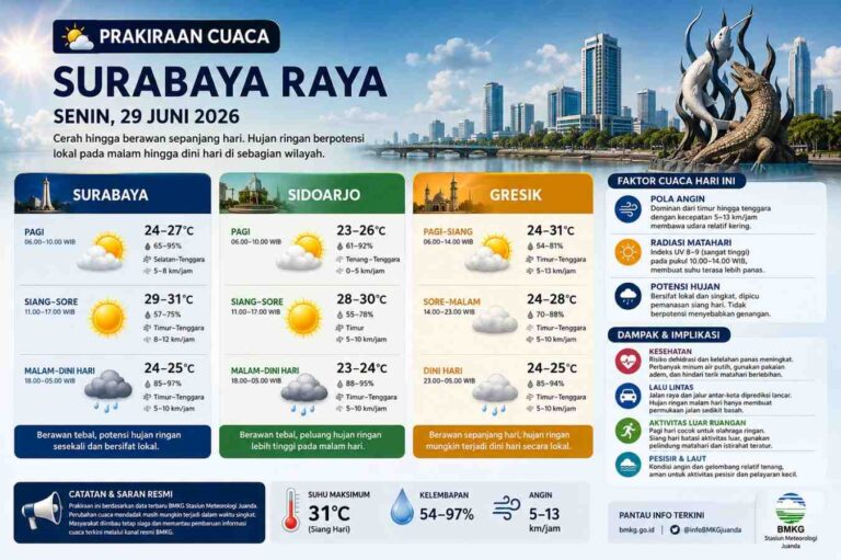 Prakiraan Cuaca Surabaya Raya Hari Ini: Surabaya, Sidoarjo, Dan Gresik Didominasi Cerah, Hujan Ringan Berpotensi Malam Hari