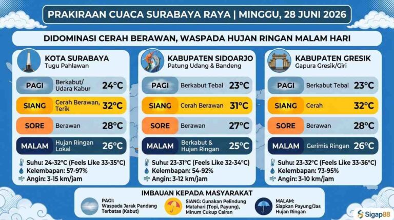 Prakiraan Cuaca Surabaya, Sidoarjo, Dan Gresik Hari Ini Minggu 28 Juni 2026, Malam Berpotensi Hujan Ringan