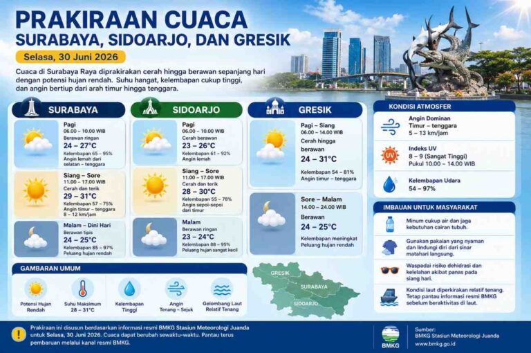Prakiraan Cuaca Surabaya, Sidoarjo, Dan Gresik Hari Ini, 30 Juni 2026: Cerah Berawan, Potensi Hujan Rendah