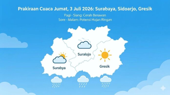 prakiraan cuaca Surabaya hari ini Jumat 3 juli 2026 Prakiraan cuaca Surabaya, Sidoarjo, dan Gresik hari ini menurut BMKG dengan kondisi pagi cerah dan potensi hujan lokal pada sore hingga malam.
