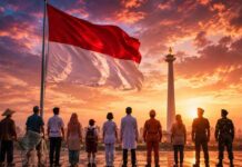 HUT RI Ke-81: Kita Belum Merdeka, Saat Keadilan Masih Menjadi Kemewahan Ilustrasi bendera Merah Putih berkibar dengan siluet rakyat Indonesia sebagai refleksi makna kemerdekaan dan keadilan pada HUT RI ke-81.