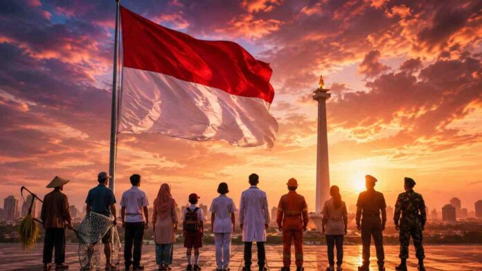 Ilustrasi bendera Merah Putih berkibar Ilustrasi bendera Merah Putih berkibar dengan siluet rakyat Indonesia sebagai refleksi makna kemerdekaan dan keadilan pada HUT RI ke-81.