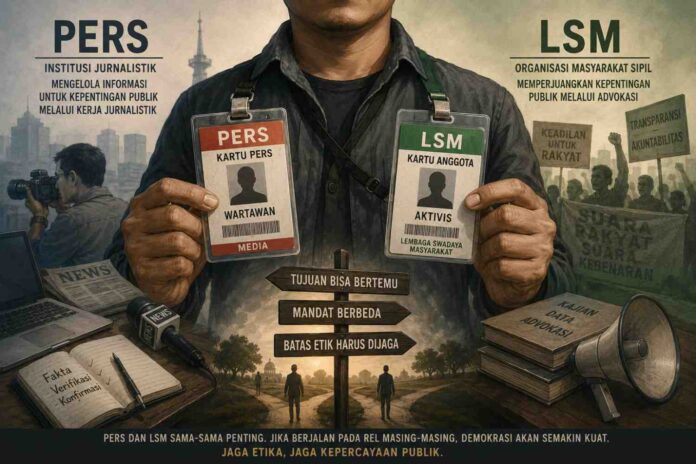 Ilustrasi seorang pria membawa kartu pers dan kartu LSM, menggambarkan pentingnya menjaga batas etika antara profesi wartawan dan aktivis organisasi masyarakat sipil.